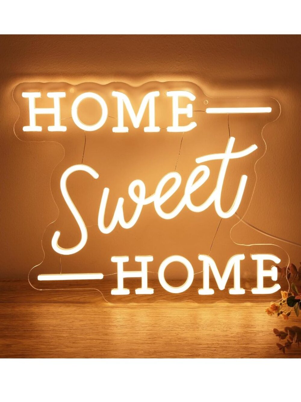 Dimmable Home Sweet Home Neon Sign, White w Clear Acrylic Backing. USB-A Powered